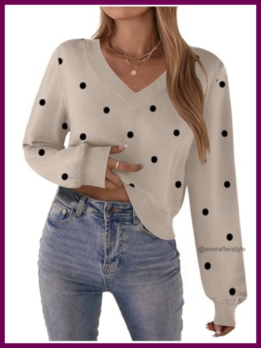 Cropped V-Neck Knit Pullover Sweater Long Lantern Sleeve